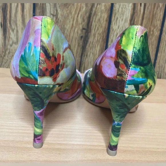 Woman BEVERLY FELDMAN pink Green Floral Peep Toe Bow Pump Heels Shoe Sz 8 - Picture 10 of 11